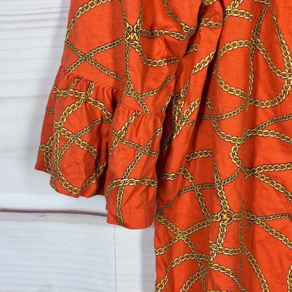 Michael Kors Chain Print Top Womens Small Orange Geometric Ruffle Sleeve Blouse